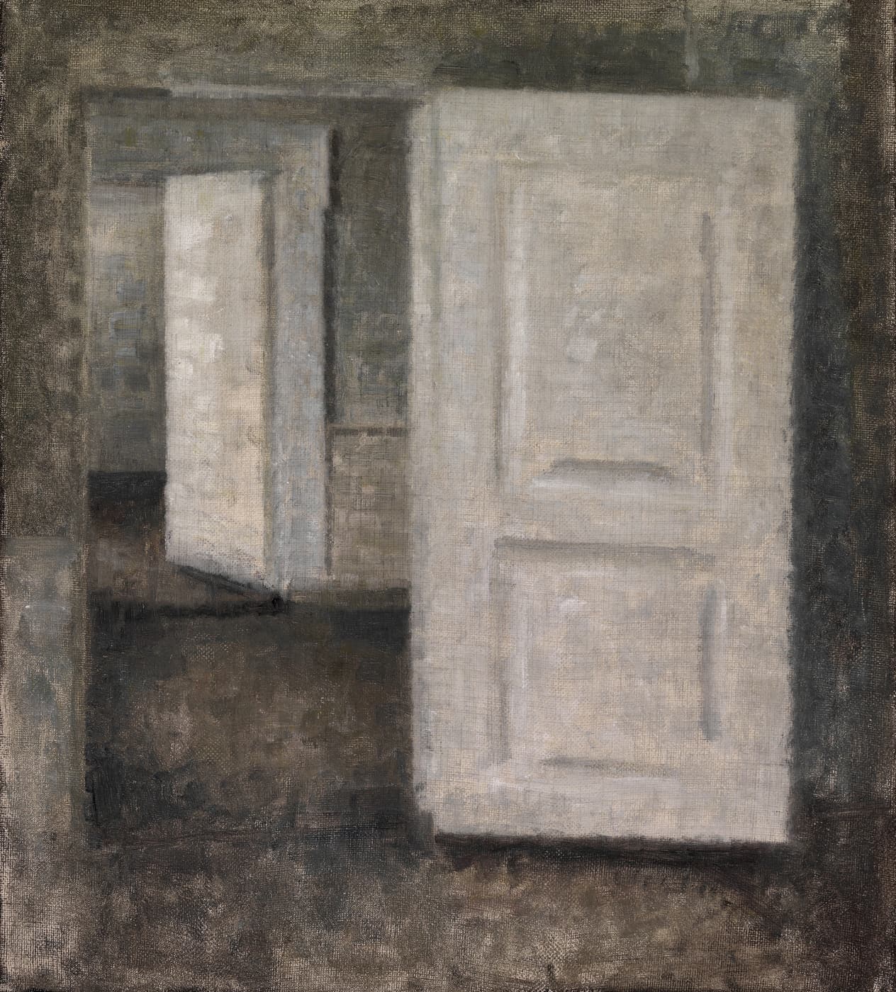Hammershøi, White Doors: two white doors stand open in an empty room, showing the room beyond.